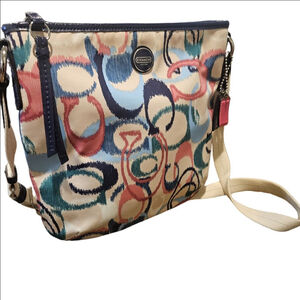 Women's Coach Multicolor Ikat Scribble Canvas Crossbody Blue Patent Leather Trim